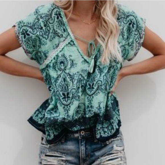 SummerChance Tops - Liv Aqua And Navy Overdyed Print V Neck Top NWT